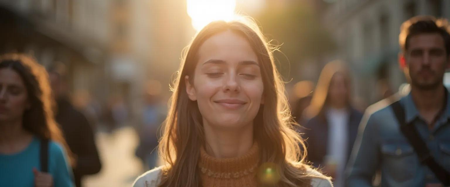 Person experiencing the miracle of mindfulness during a busy workday with a serene expression
