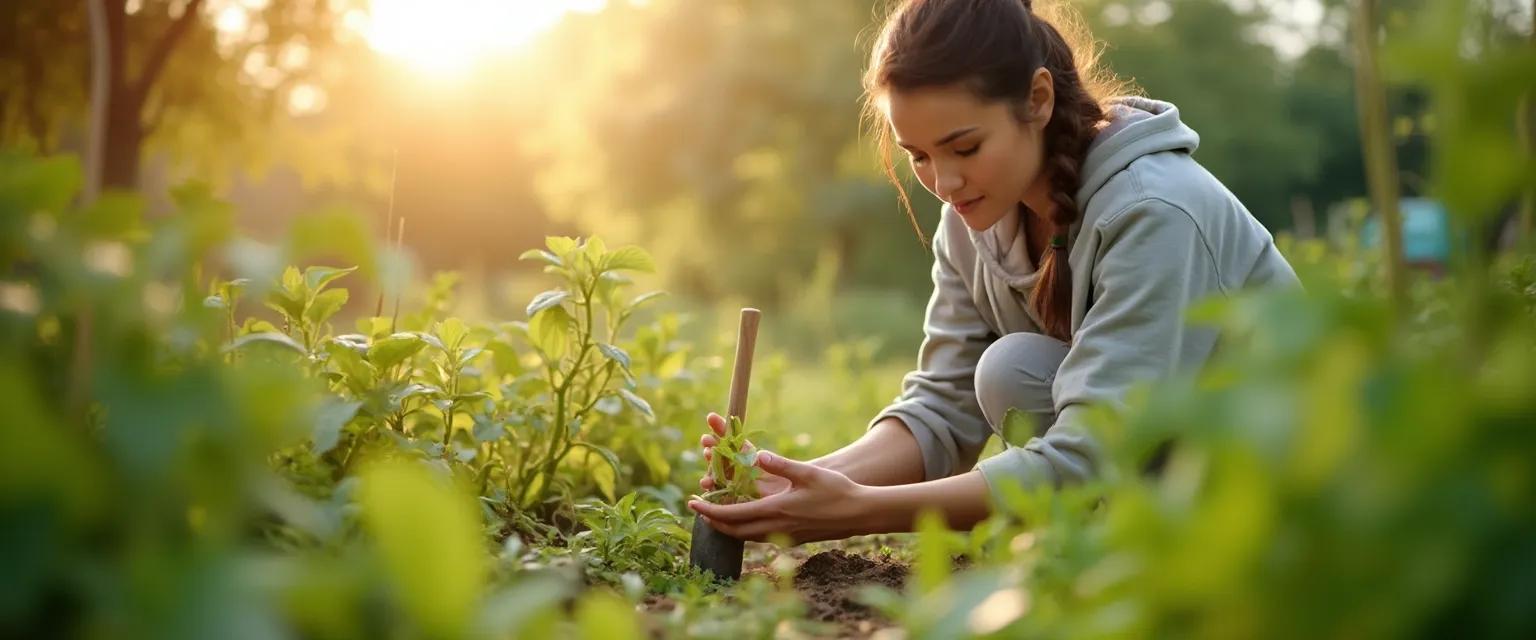 Person practicing mindful gardening to calm the mind while tending to plants