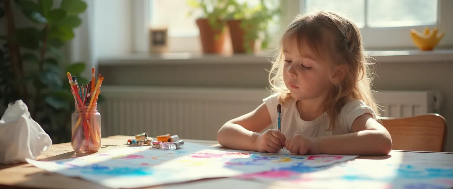 Child using creative grief prompts to express feelings through colorful artwork