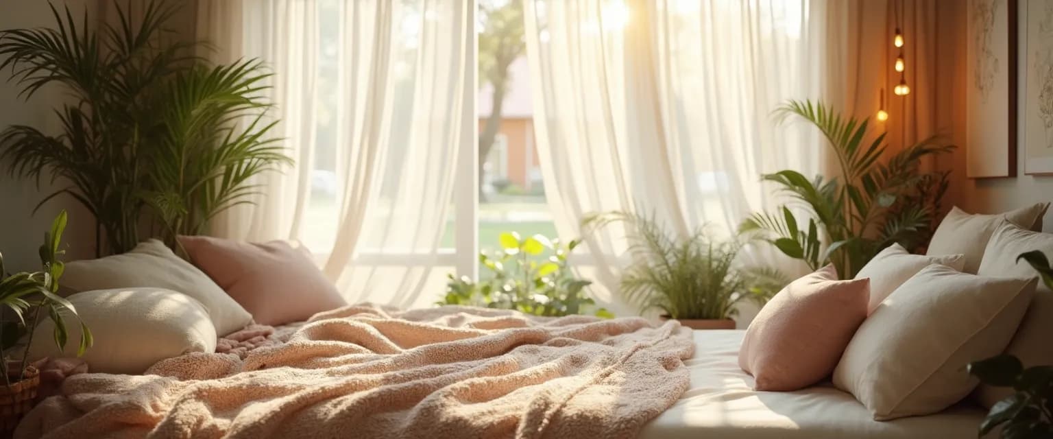 Peaceful bedroom transformed into a mindful soul center for wellbeing with natural elements and calming colors