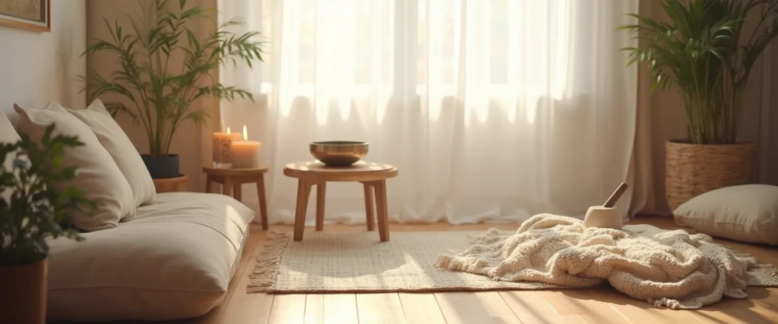 Simple home mindfulness center with 5 essential items for meditation and presence