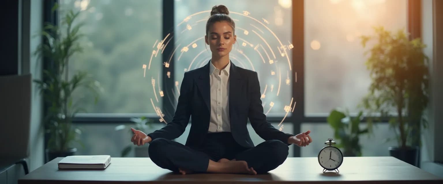 Professional practicing 5-minute listening meditation mindfulness at desk