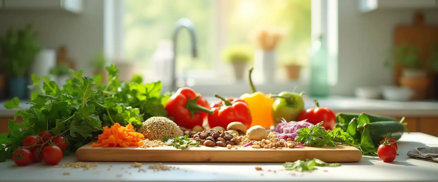 Colorful mindgreen cooking ingredients for mental clarity recipes arranged on wooden cutting board