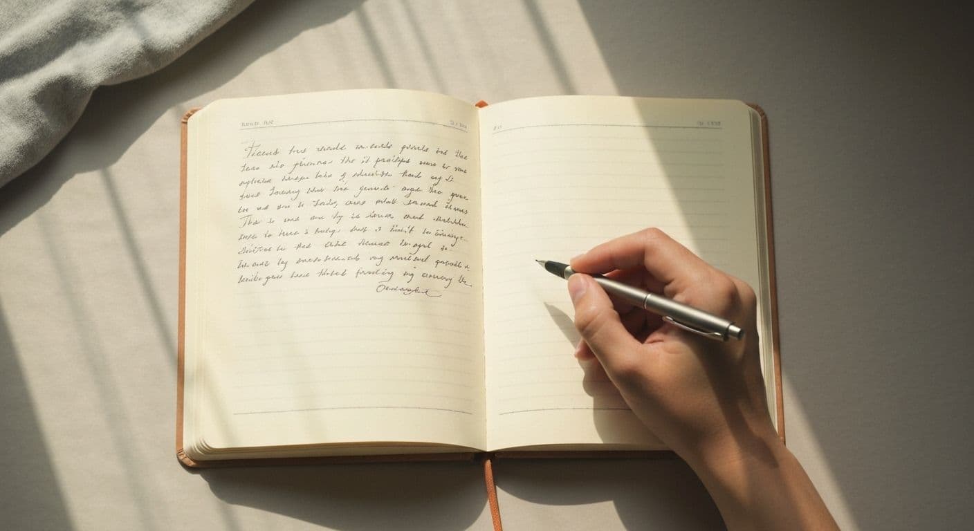 Person writing letter-based journal prompts for grief in peaceful setting with soft natural light