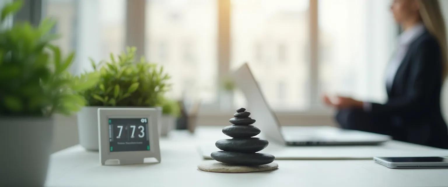 Professional practicing a 5-minute mindfulness activity at desk in office environment