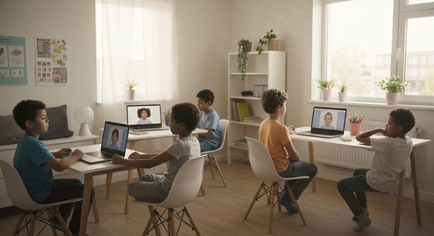 Students practicing GoNoodle mindfulness activities during remote learning session on laptop screen