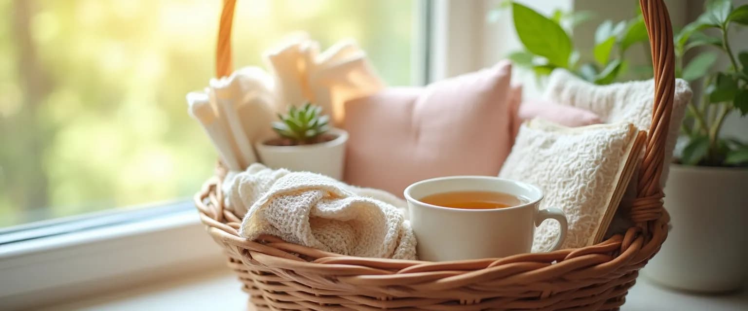 Thoughtfully arranged healing gift basket for a bereaved friend with comfort items