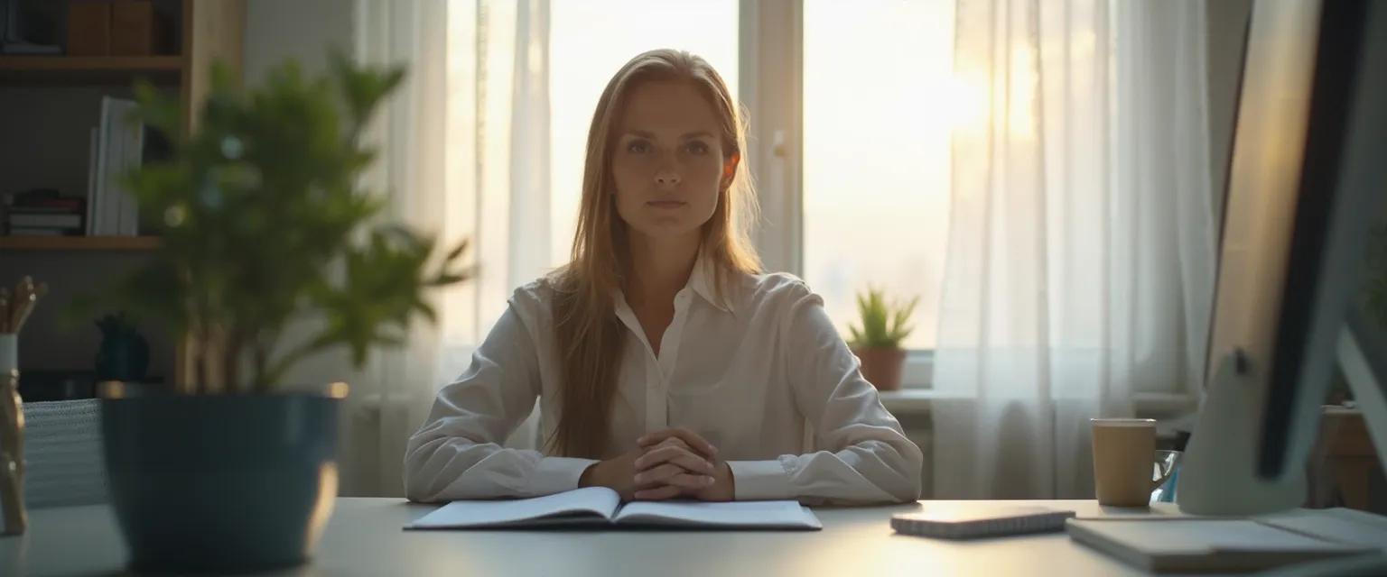 Professional practicing MBSR mindfulness techniques at desk during busy workday