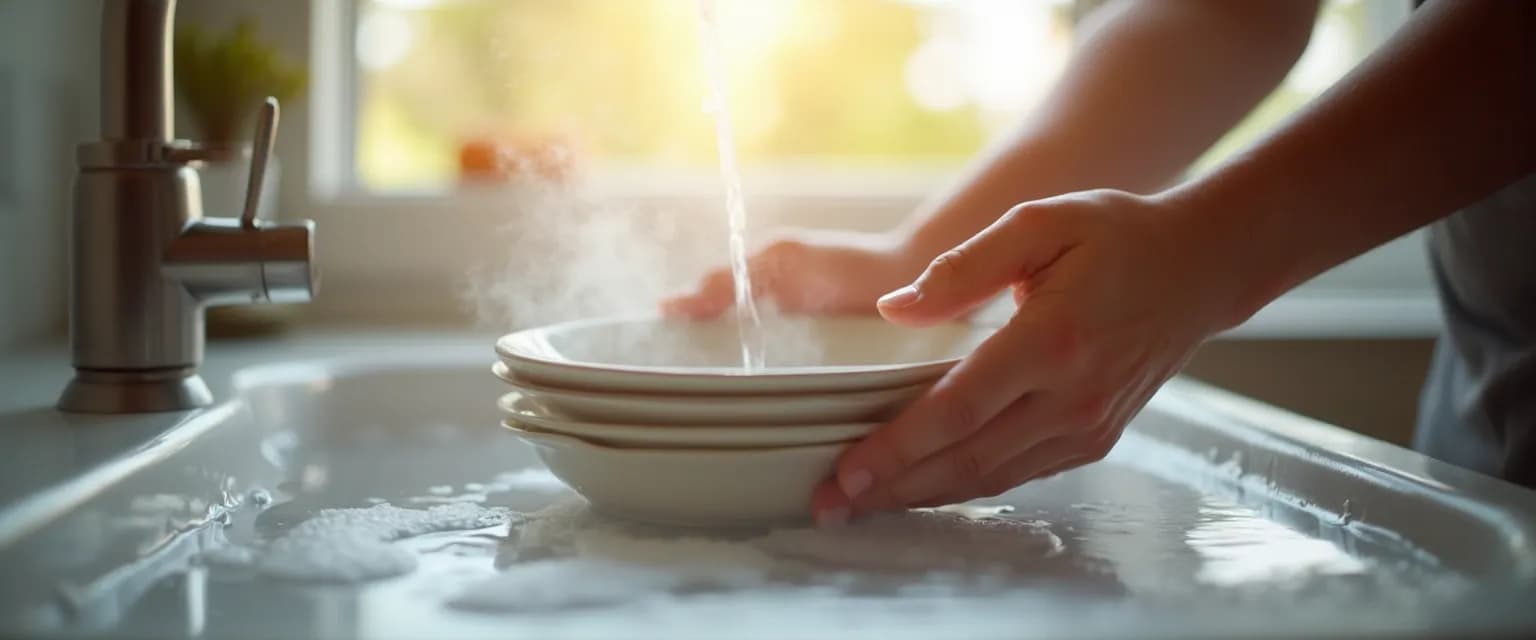 Person practicing quiet mind meditation while washing dishes at kitchen sink