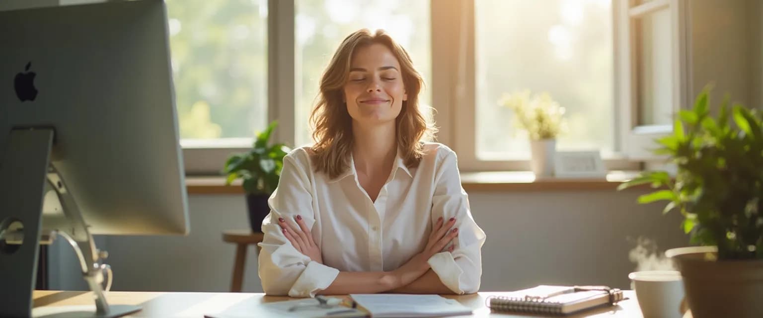 Professional woman choosing happiness with a 5-minute joy practice at her desk