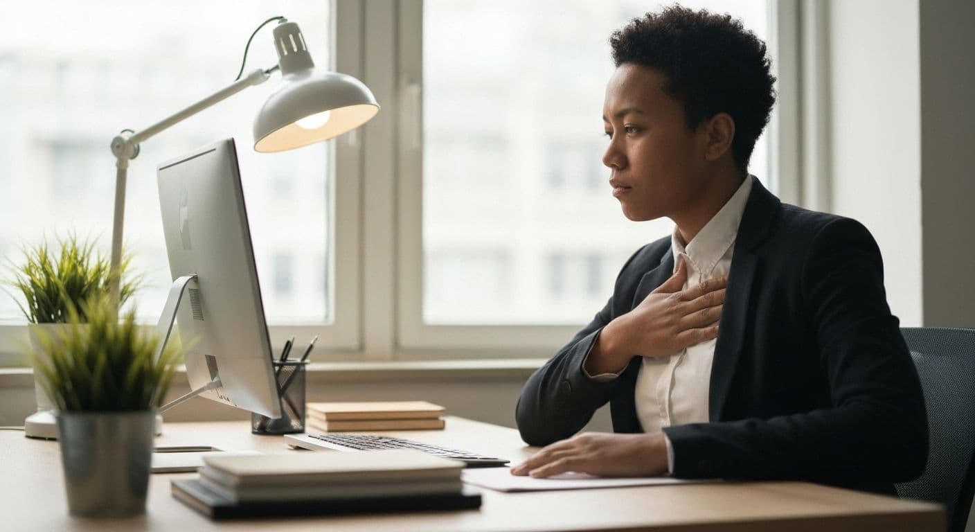 Professional using personal awareness examples to recognize emotional triggers during a stressful work meeting
