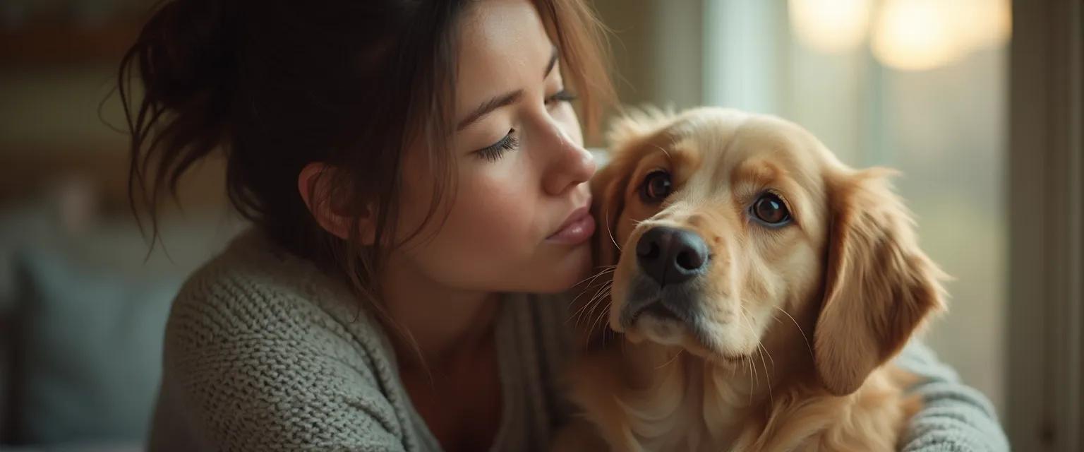 Person coping with a breakup by adopting and cuddling with a shelter pet