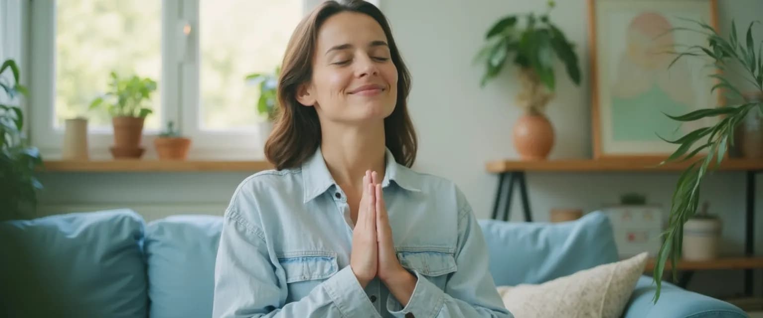 Mother practicing breathing exercises for anxiety while her children play nearby