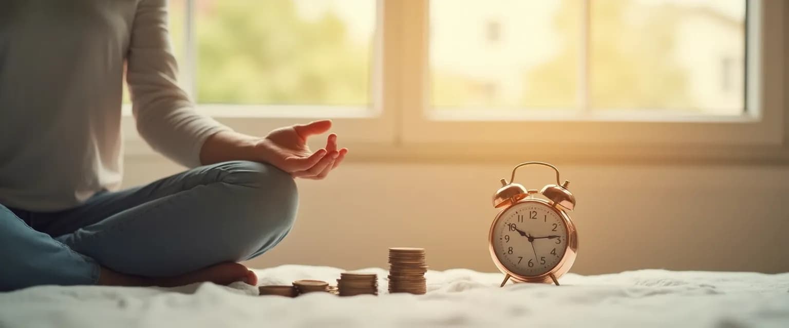 Person practicing 5-minute money mindfulness exercise with phone and wallet