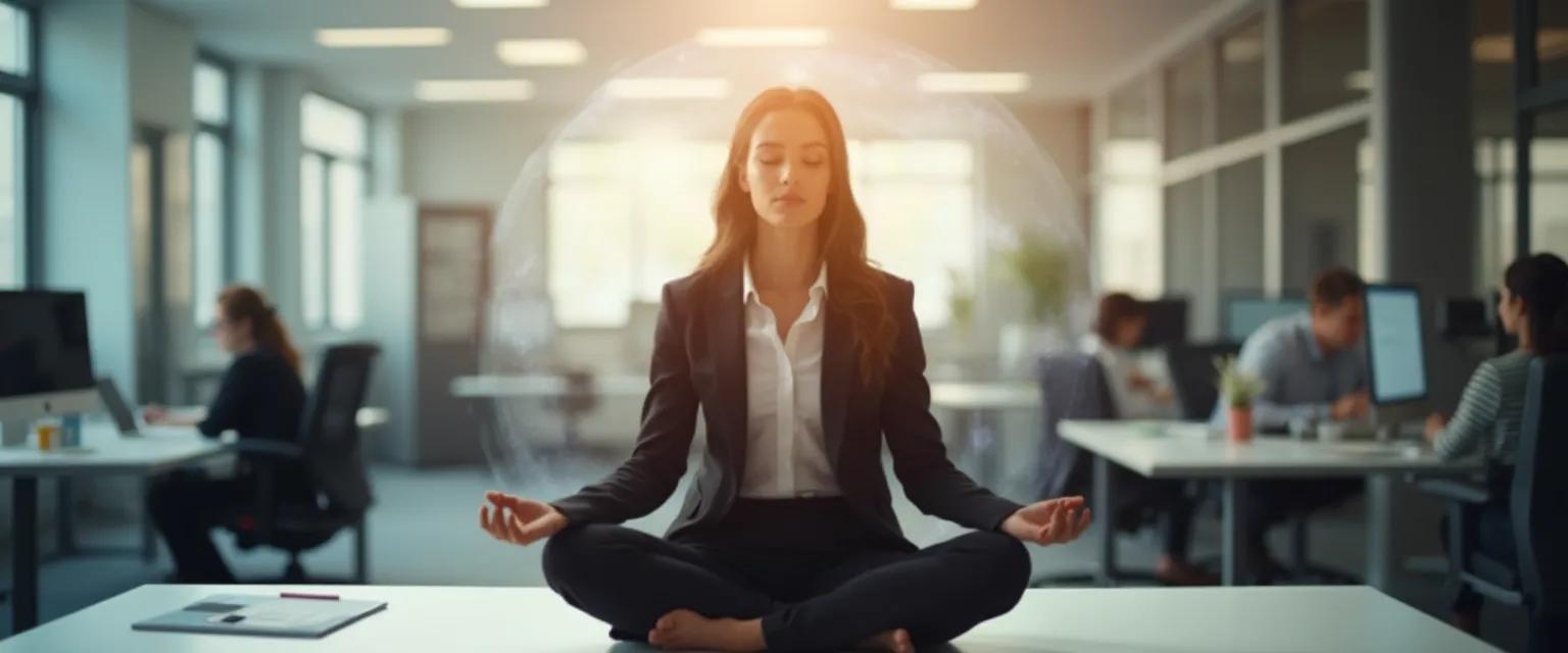 Professional practicing the best mindfulness meditation technique at desk in 5 minutes