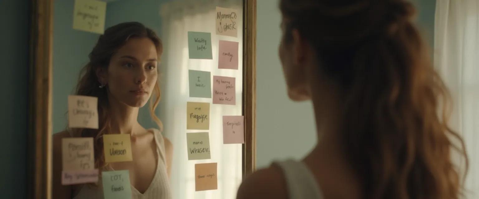 Person balancing self love without self awareness on a scale, showing growth mindset