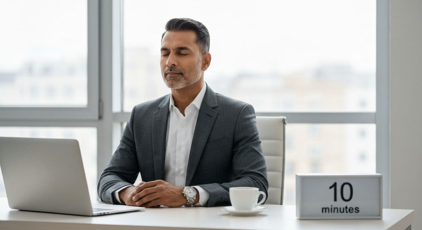 Busy professional practicing 10-minute mindfulness at desk with calm focused expression