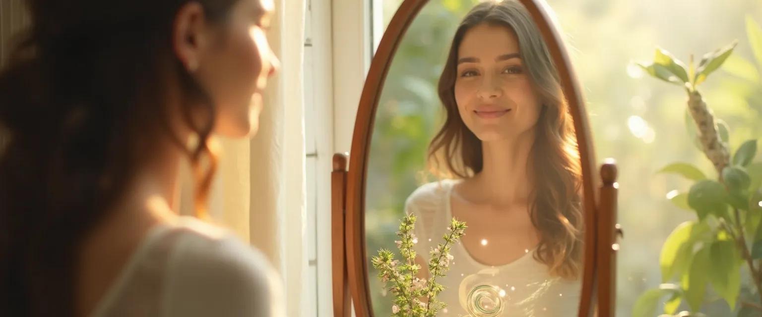 Person practicing self-awareness through mirror reflection for a more meaningful life