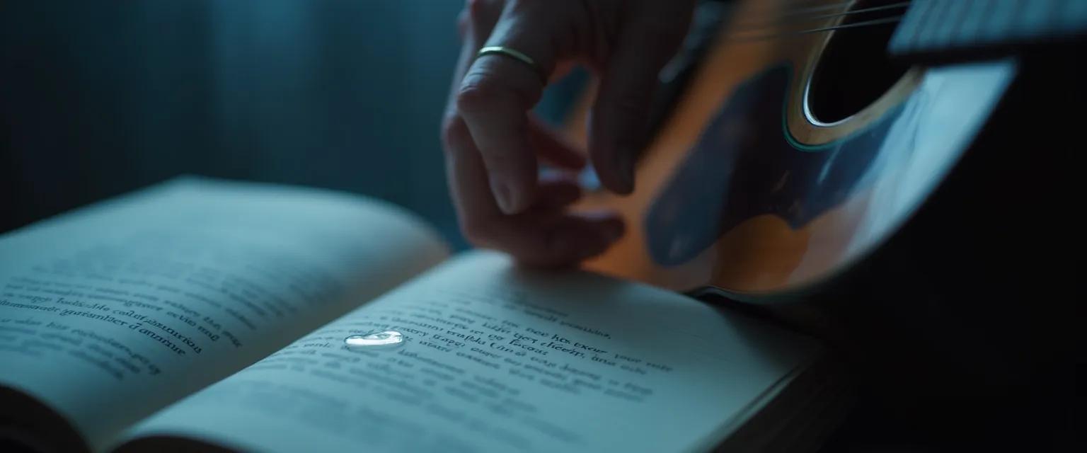 Person serenading heartbreak by writing emotional lyrics while playing a simple guitar chord progression