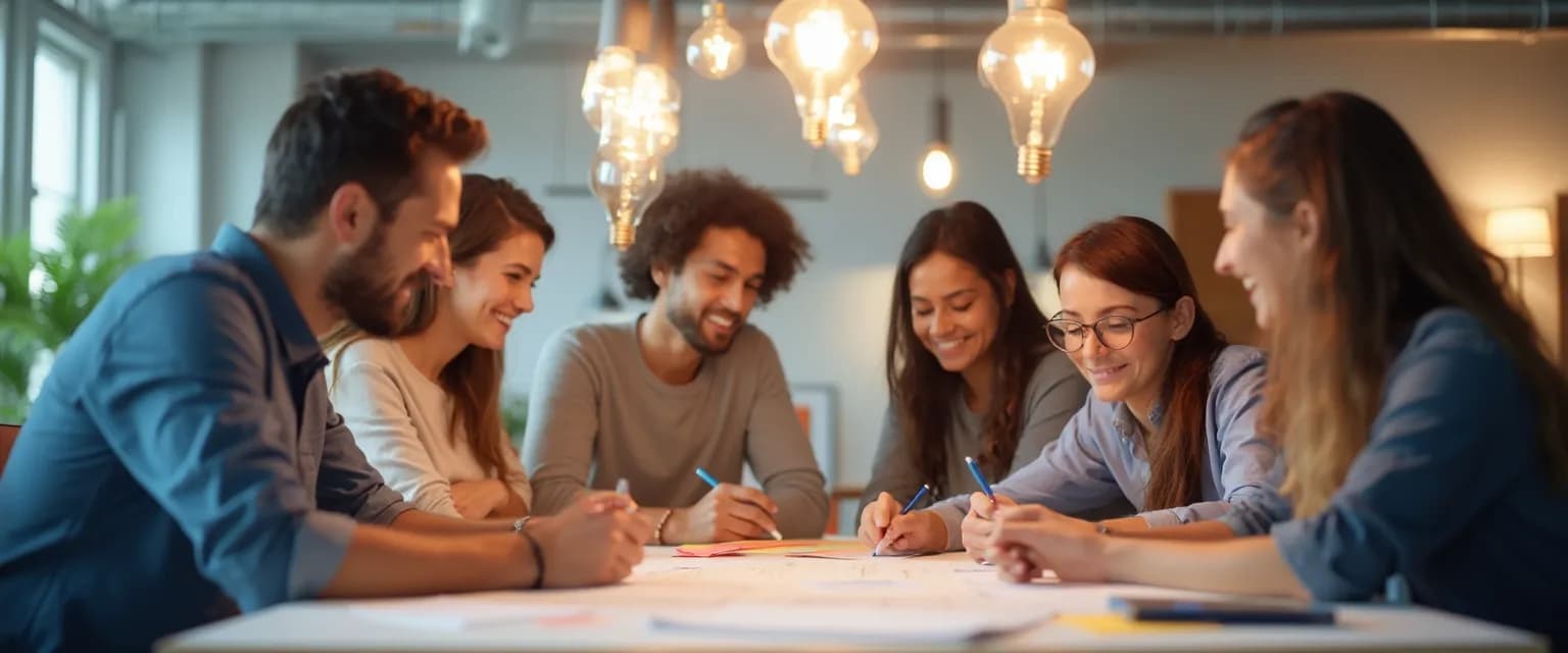 Team practicing beginner's mind techniques in a collaborative workplace setting