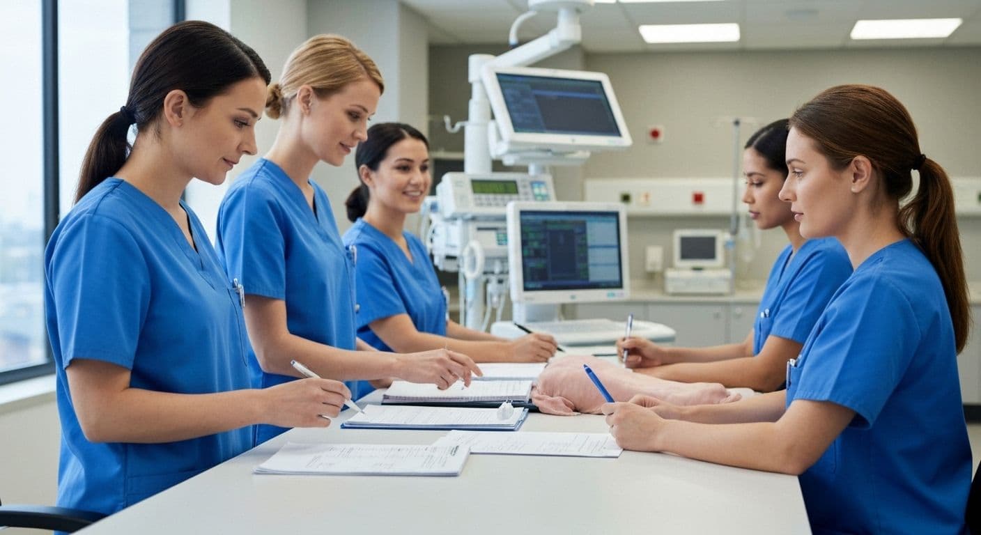 Nurses demonstrating examples of self awareness in nursing during patient handoff at hospital nursing station