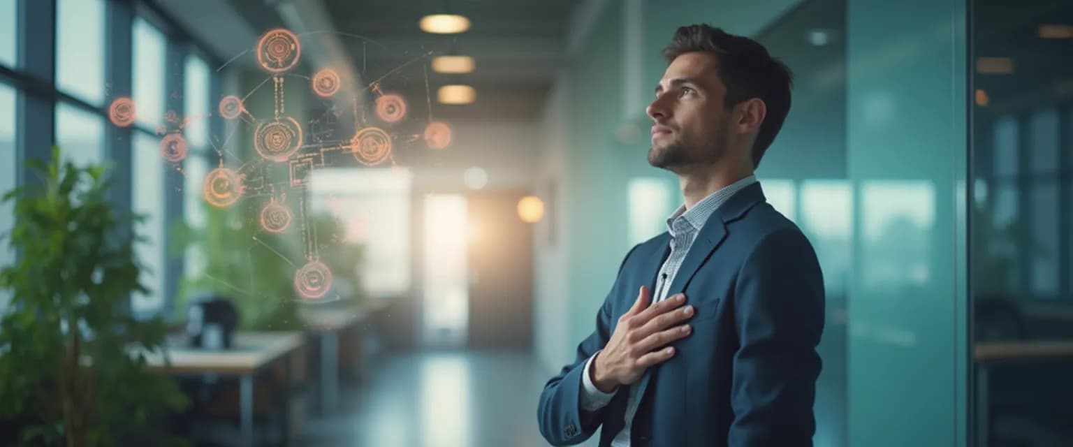 Professional using embodied self-awareness techniques during workplace decision-making