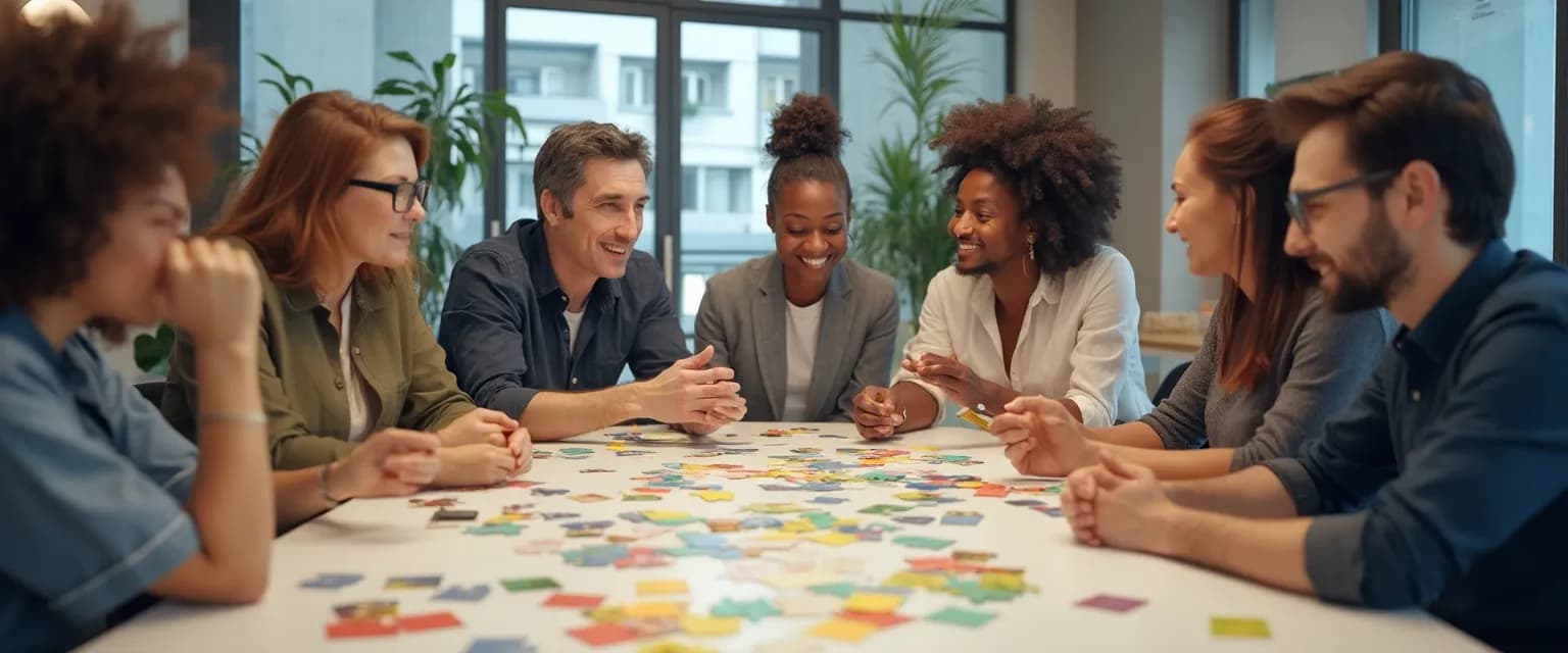 Team engaged in leadership emotional intelligence training games for enhanced connection