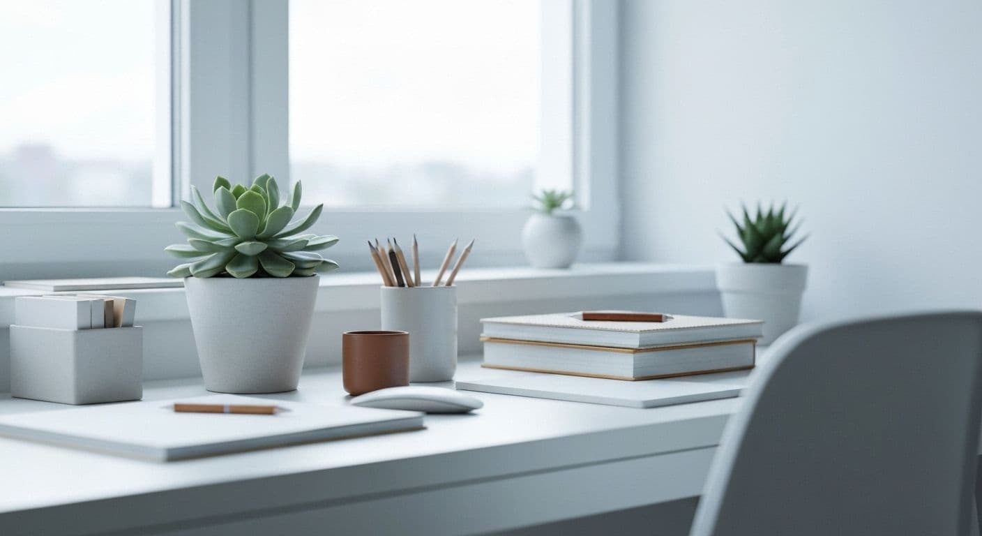 Person practicing mindful org with calm awareness while organizing workspace intentionally