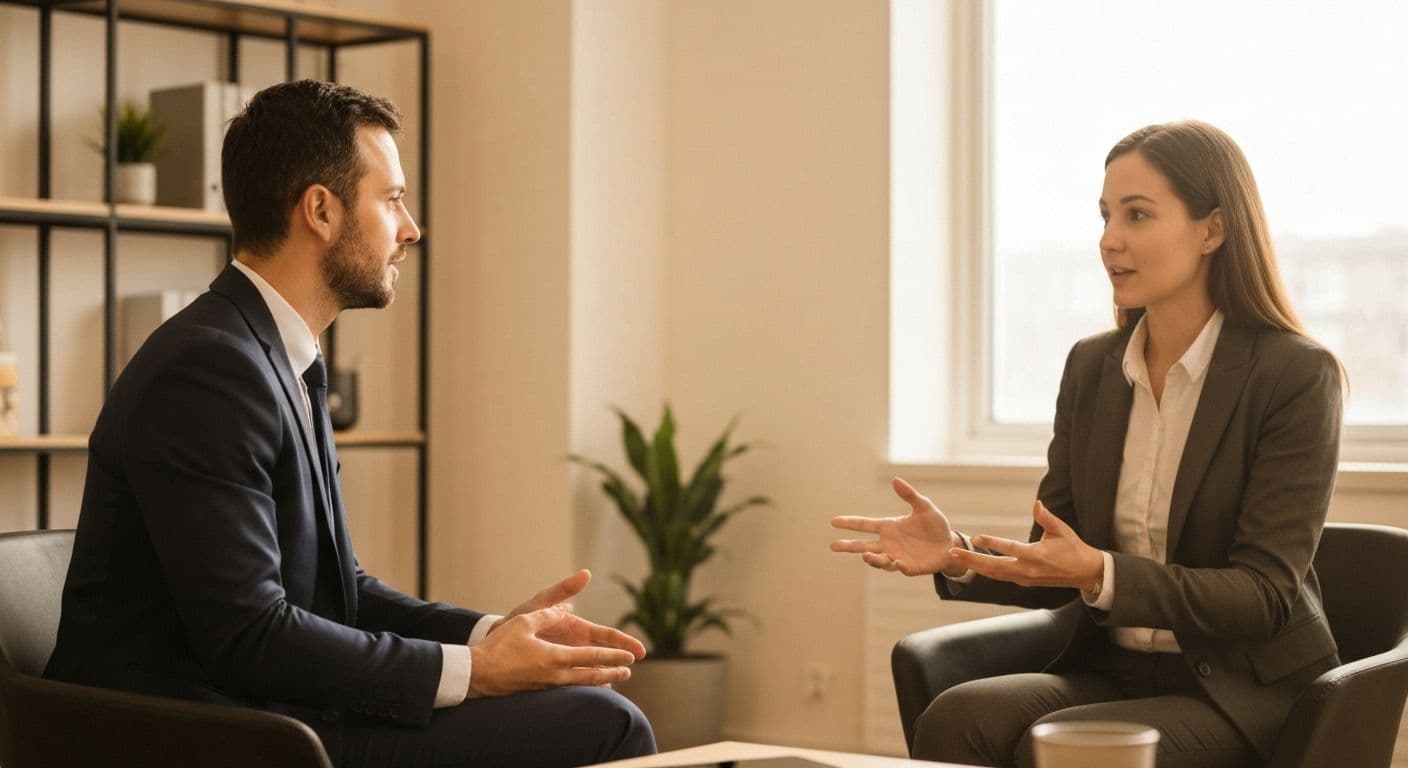 Professional using self awareness and active listening during workplace conversation