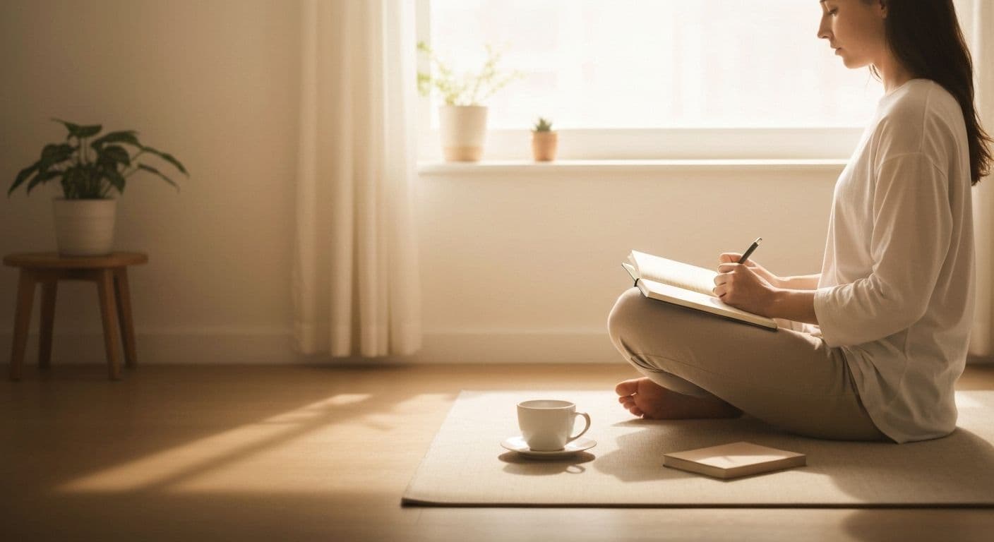 Person practicing personal awareness examples during a peaceful morning routine with emotion check-in exercise