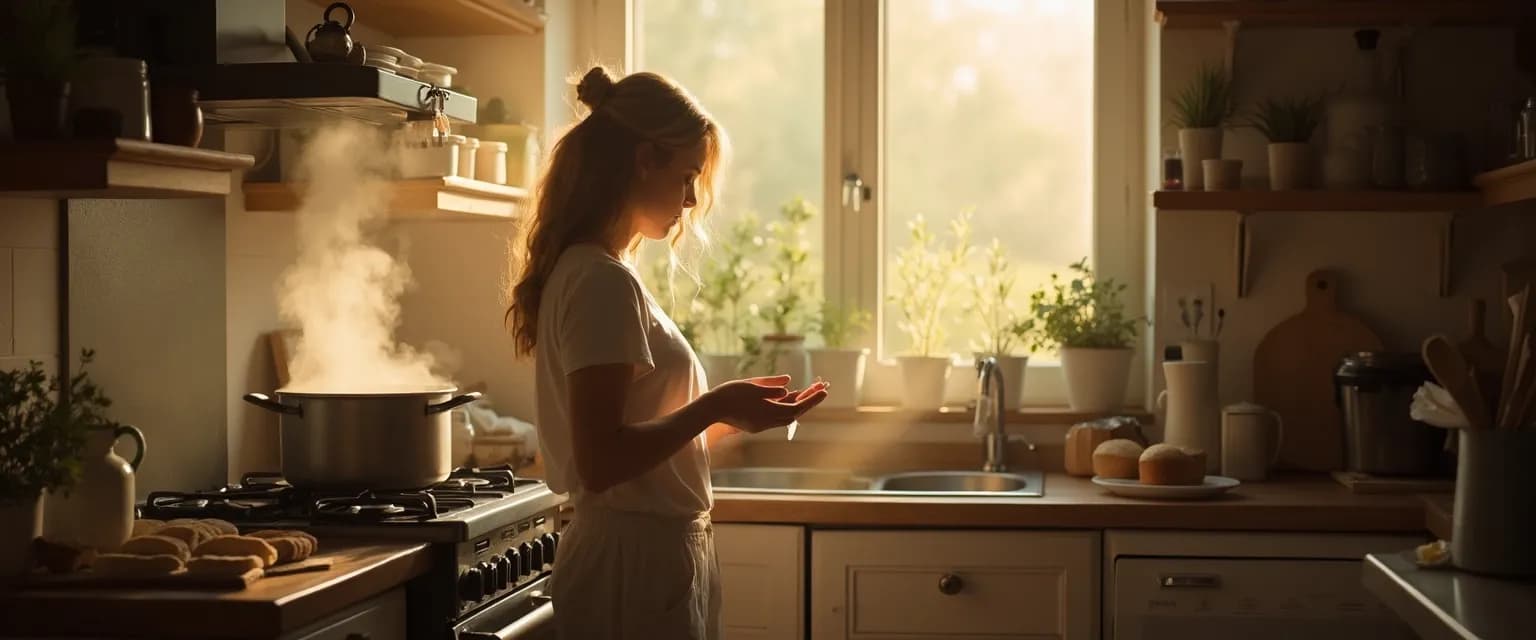 Woman cooking healthy comfort food while processing a breakup