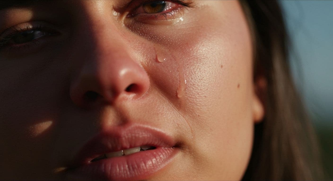 Person experiencing healthy emotional release post breakup through tears, demonstrating natural healing process