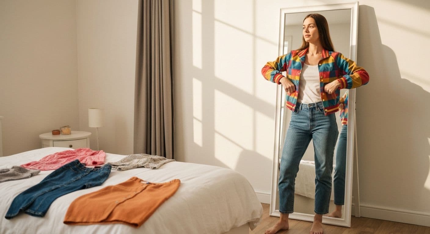 Woman confidently trying on colorful clothing while rediscovering personal style after a breakup