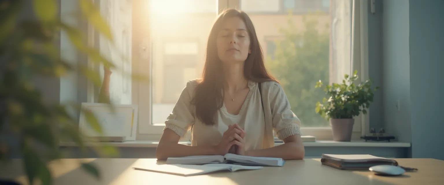 Professional performing a 5-minute meditation for peace of mind at their desk