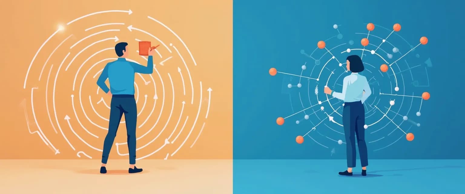 Diagram comparing circular and lateral mind thinking approaches for problem-solving