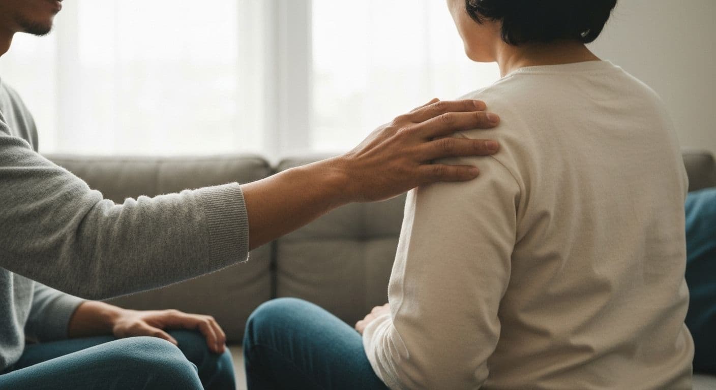 Two people having a supportive conversation about what to say to someone who lost someone with compassionate body language