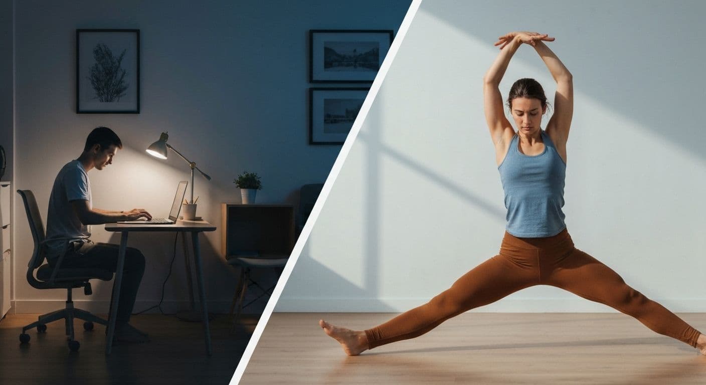 Remote worker practicing body mind centering techniques at desk to improve posture and mental clarity