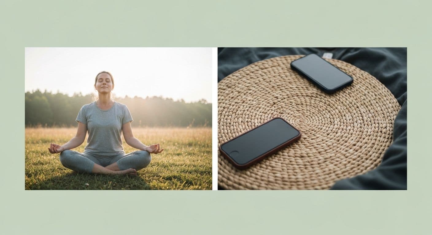 Person practicing mindfulness while using smartphone intentionally as part of our mindful life approach