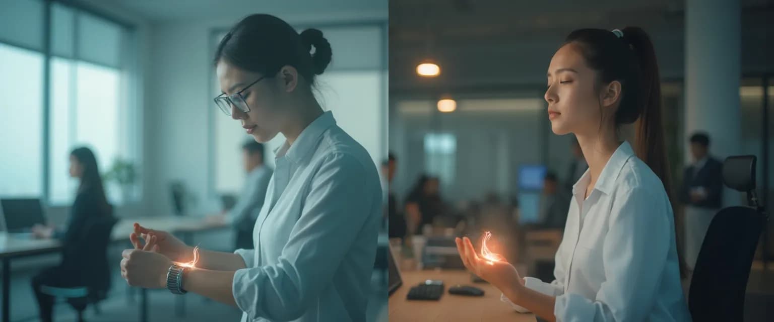 Professional practicing self awareness and meditation techniques at desk in under 5 minutes