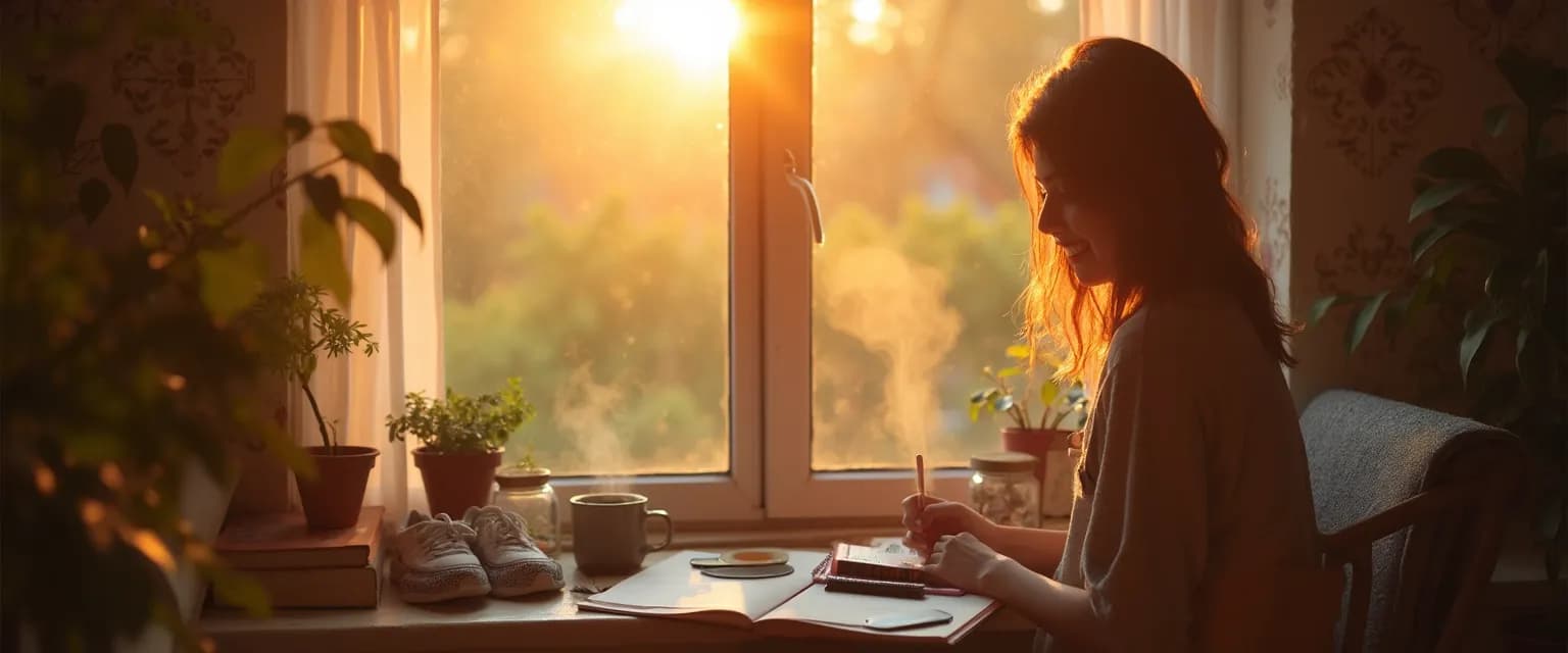 Woman practicing daily habits for her happiness project with a smile