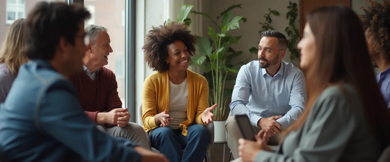 Professionals practicing EQ social awareness exercises in a collaborative workplace setting