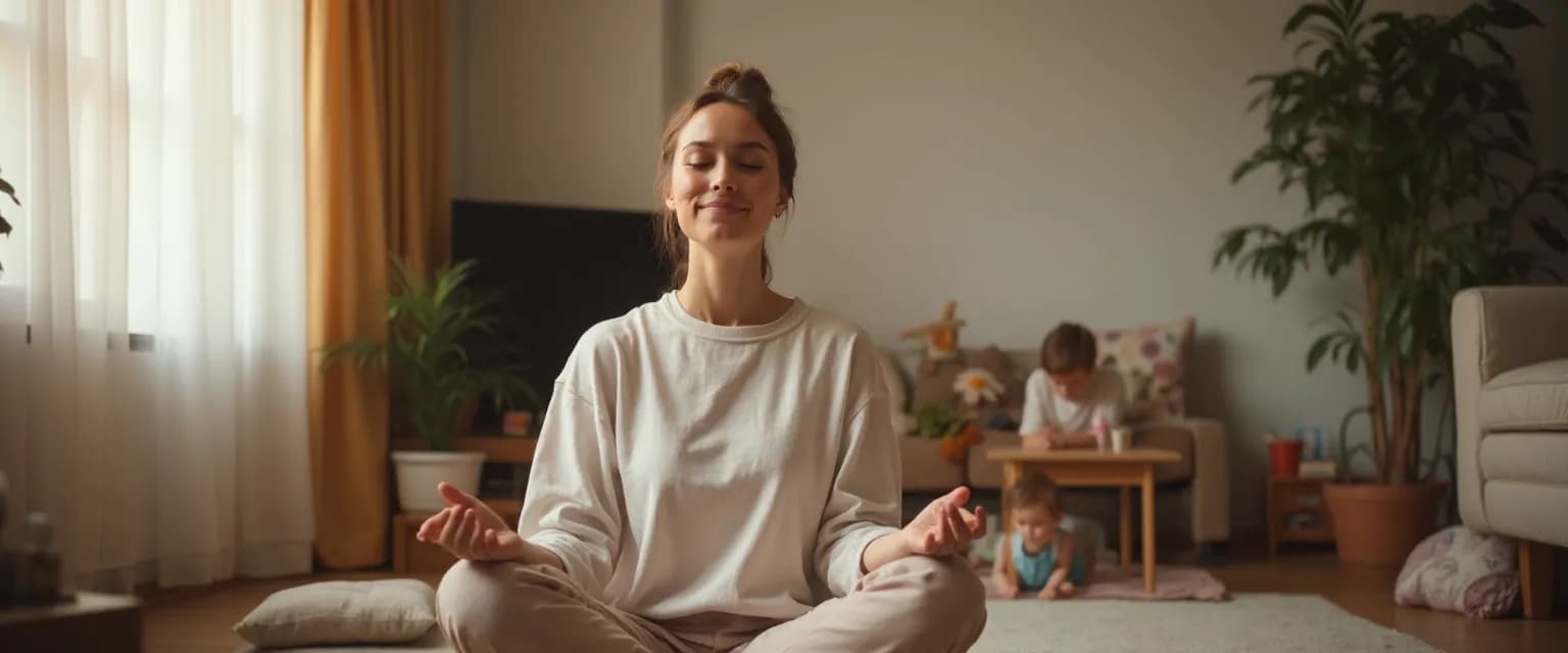 Parent practicing mindful self-compassion exercise while caring for children