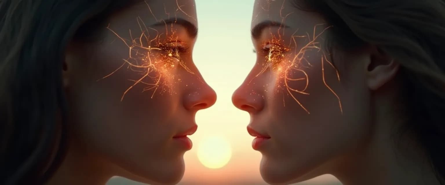 Person looking in mirror seeing both themselves and others, illustrating awareness of the self in the other