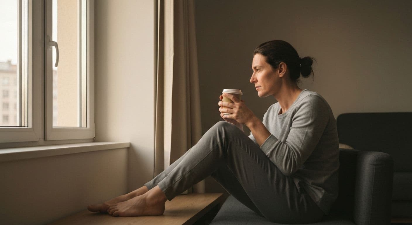 Woman in her thirties processing a breakup while looking thoughtfully out window with coffee