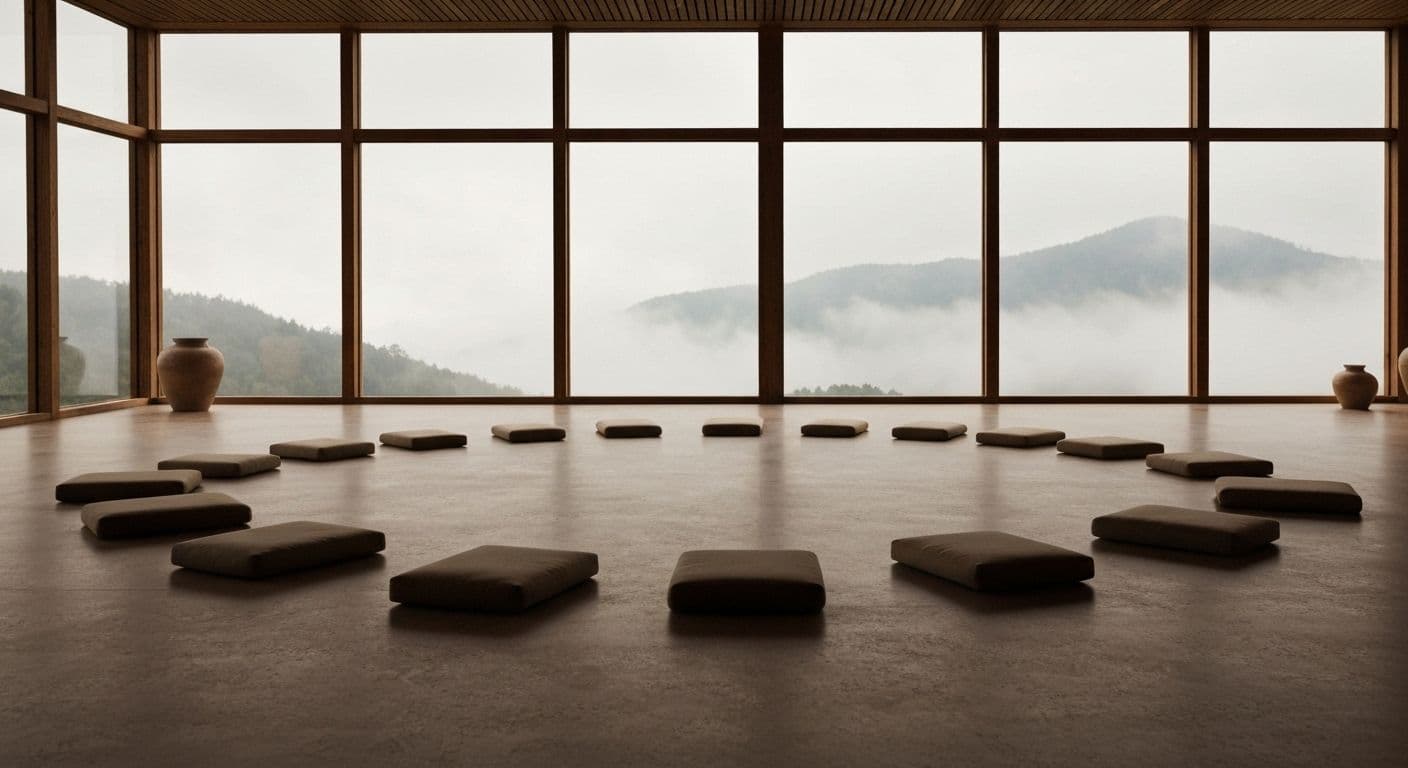 Person practicing mindfulness meditation at a peaceful retreat setting with natural surroundings