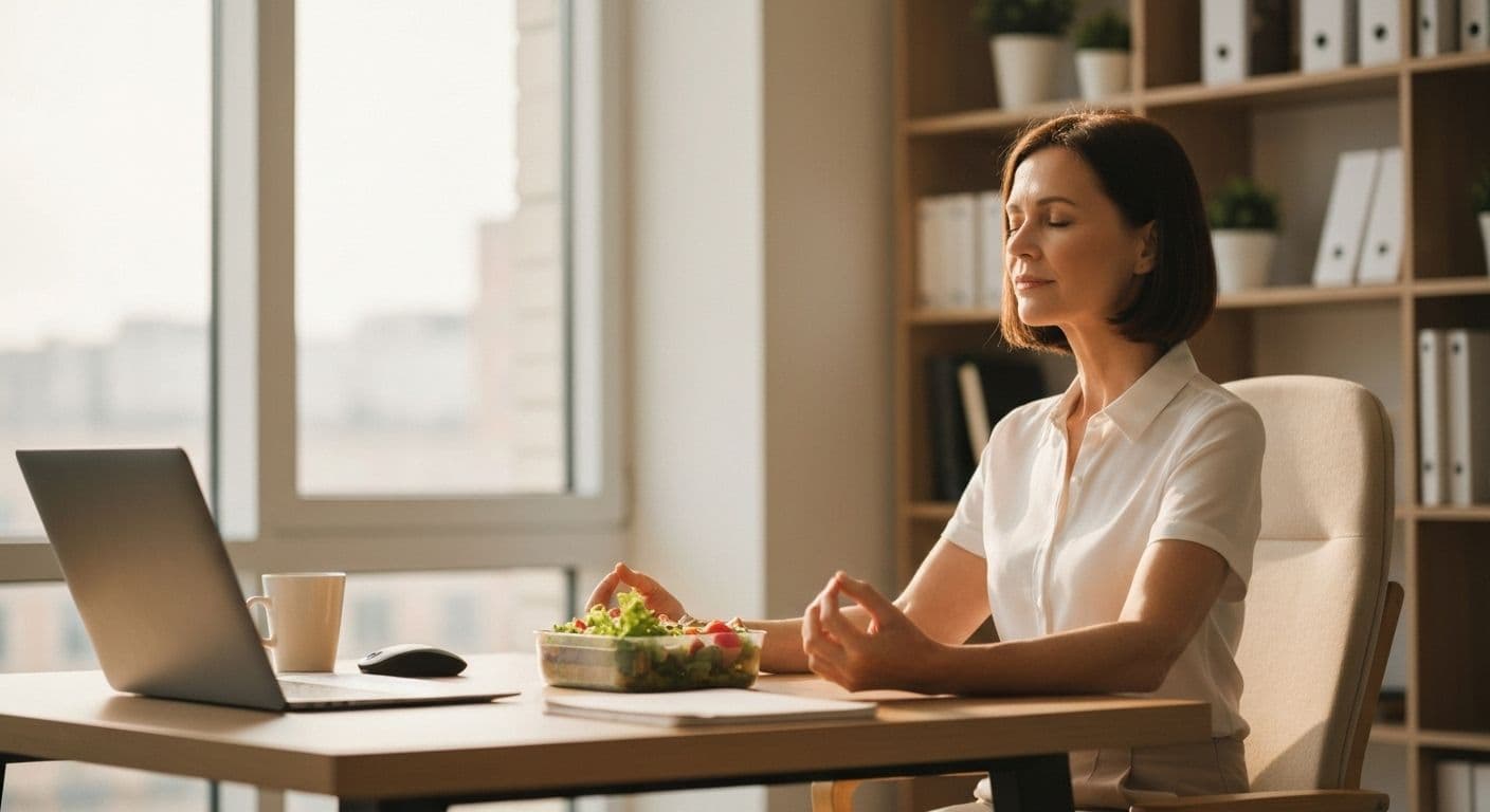 Professional using Re:Mind Studio app during lunch break for mental clarity and afternoon productivity reset