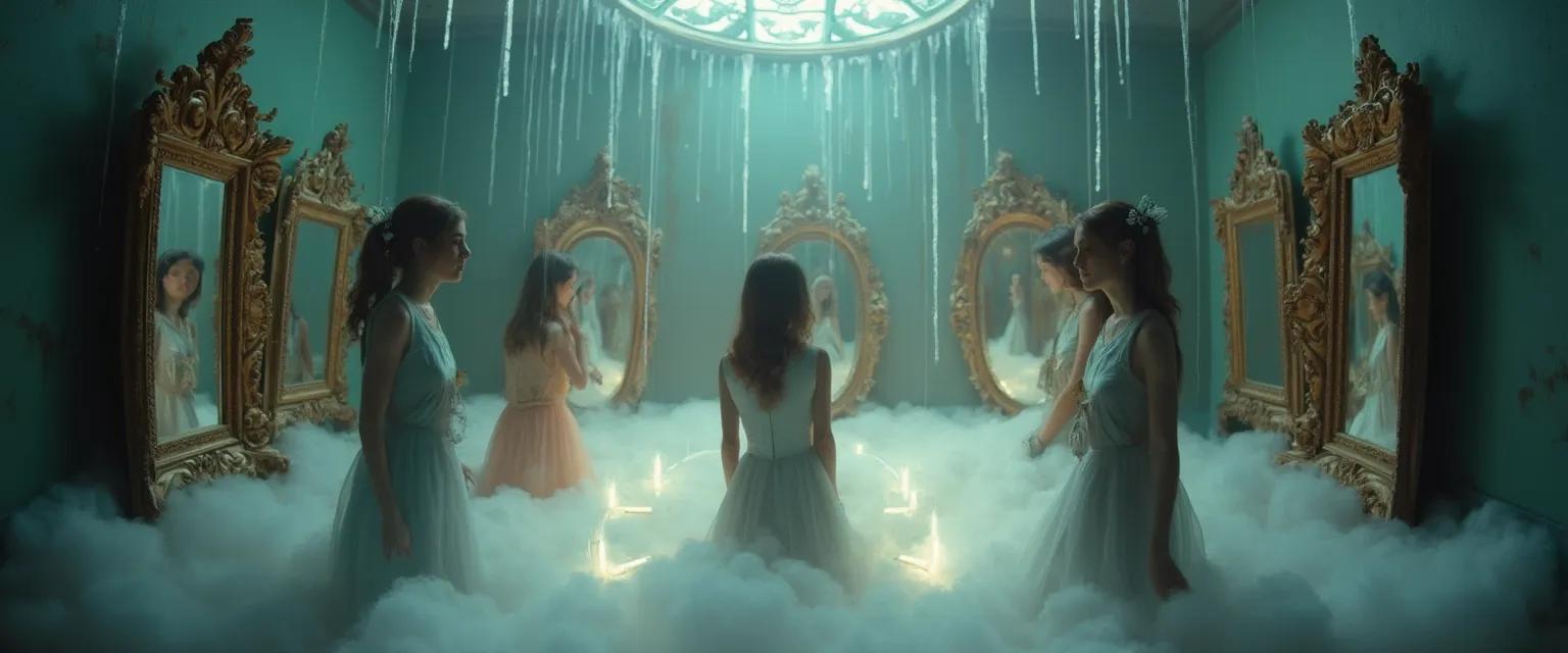 Person looking at multiple reflections representing self discovery and self awareness through others' perspectives