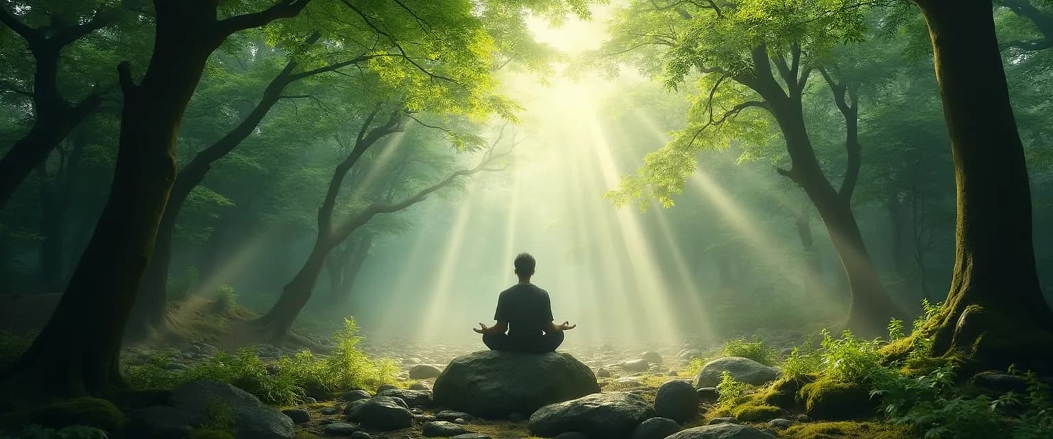 Person experiencing mind balance through forest bathing in a sunlit woodland