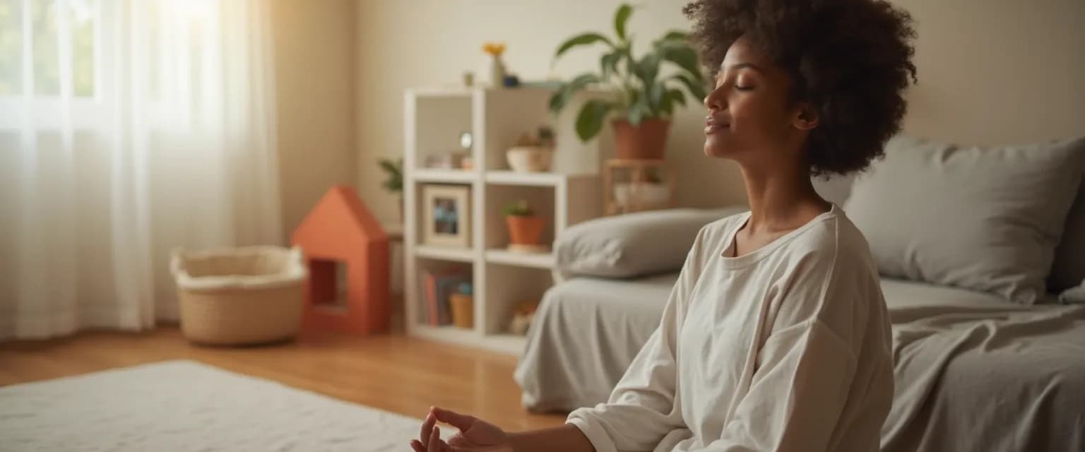 Parent using mind on techniques while managing family distractions