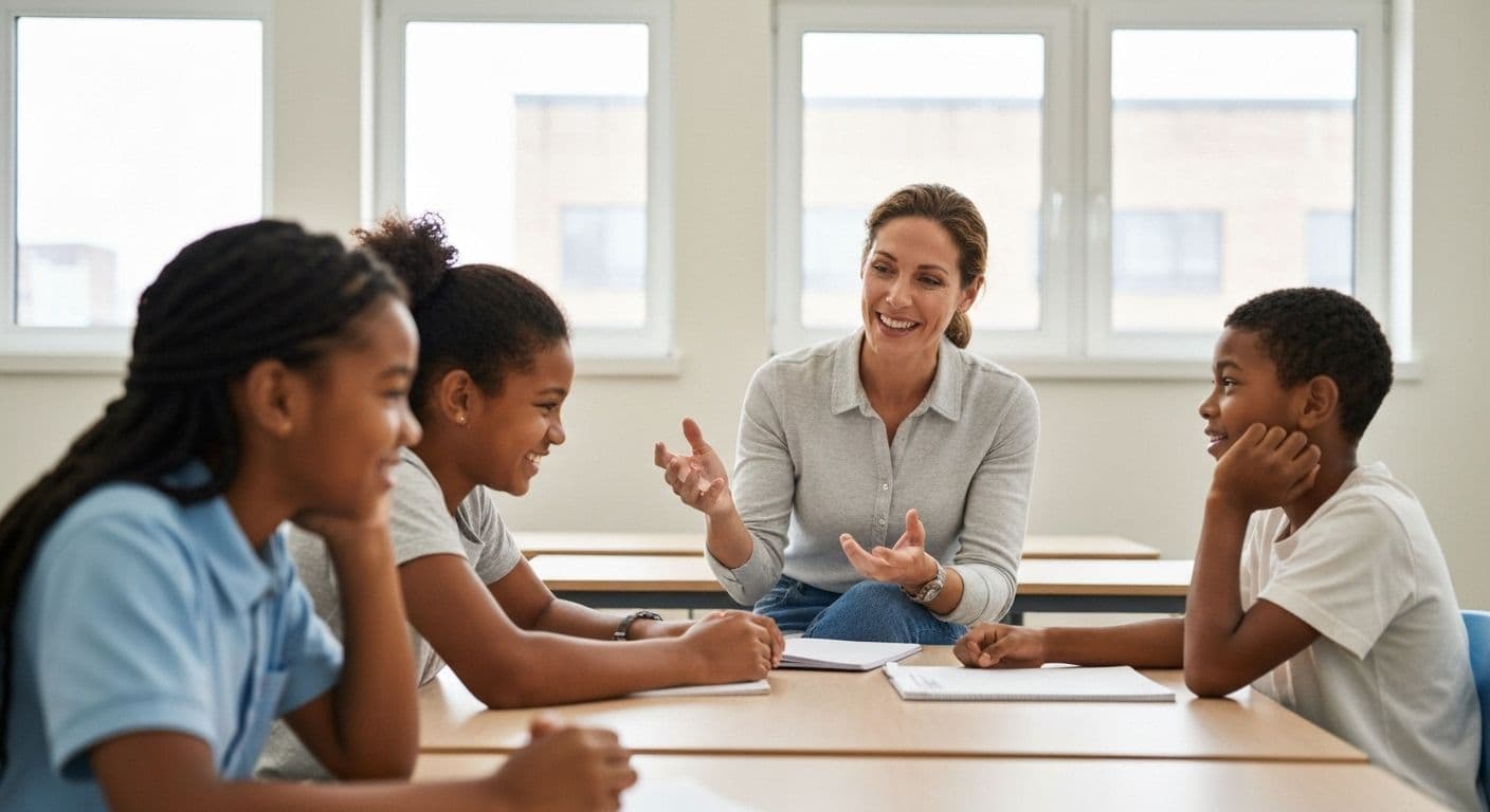 Teacher practicing self awareness in teaching while engaging with students in a positive classroom environment